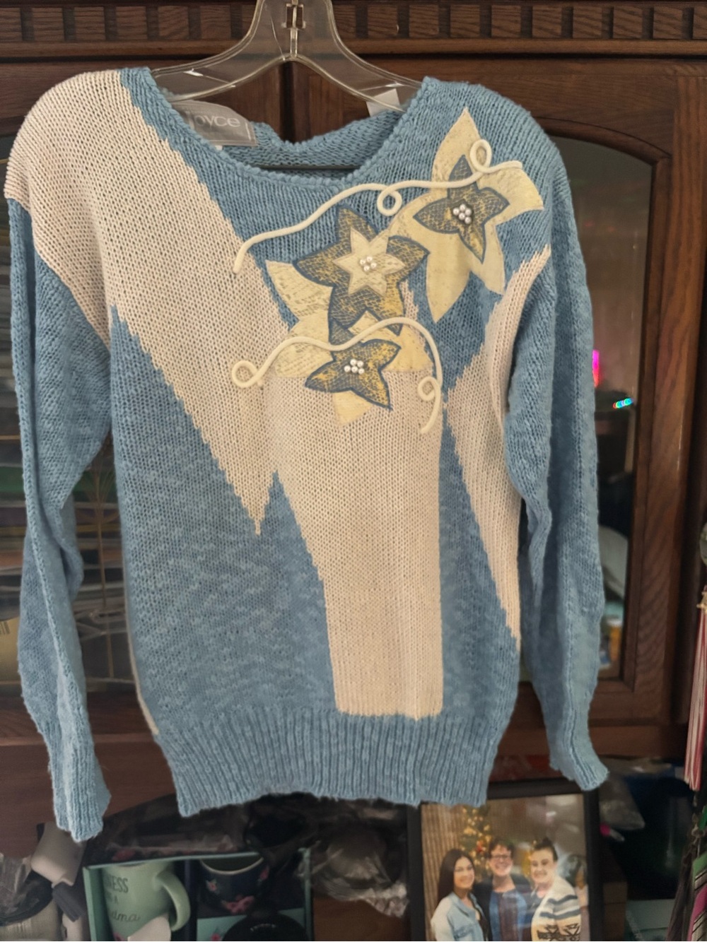 Floral Appliqué Crewneck Sweater in Blue and Cream